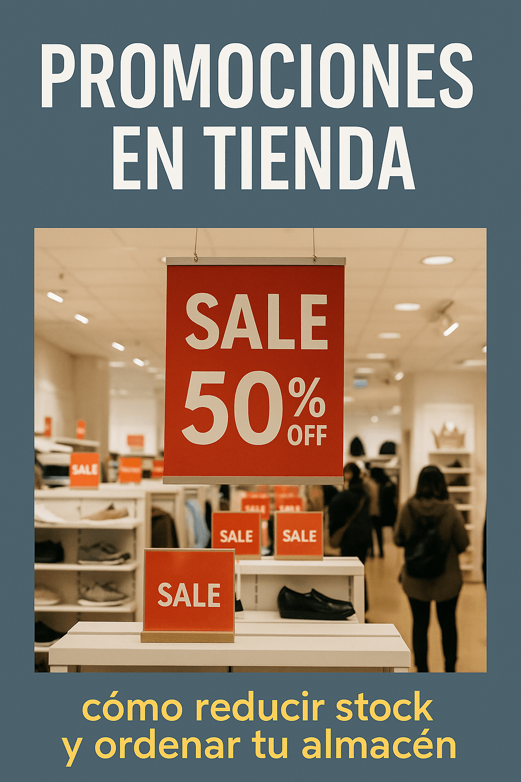 Interior de una tienda con múltiples carteles rojos de “SALE 50% OFF” en estanterías y zonas de paso, representando promociones activas para reducir stock y dinamizar el punto de venta.