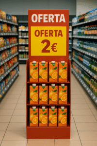 Display de cartón en pasillo de supermercado con zumos en promoción por 2€, ejemplo de técnica de merchandising en punto de venta