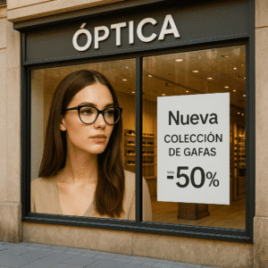 Vinilos para escaparates en óptica con modelo de gafas, diseño realista por Proyectos PLV