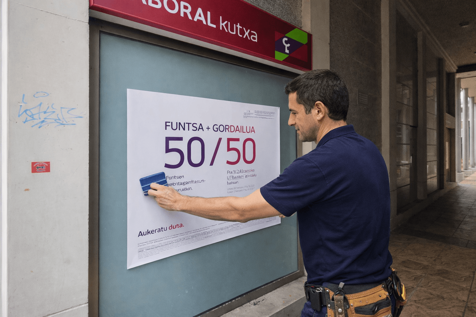 Instalador colocando un vinilo promocional 50/50 en el escaparate de una oficina bancaria