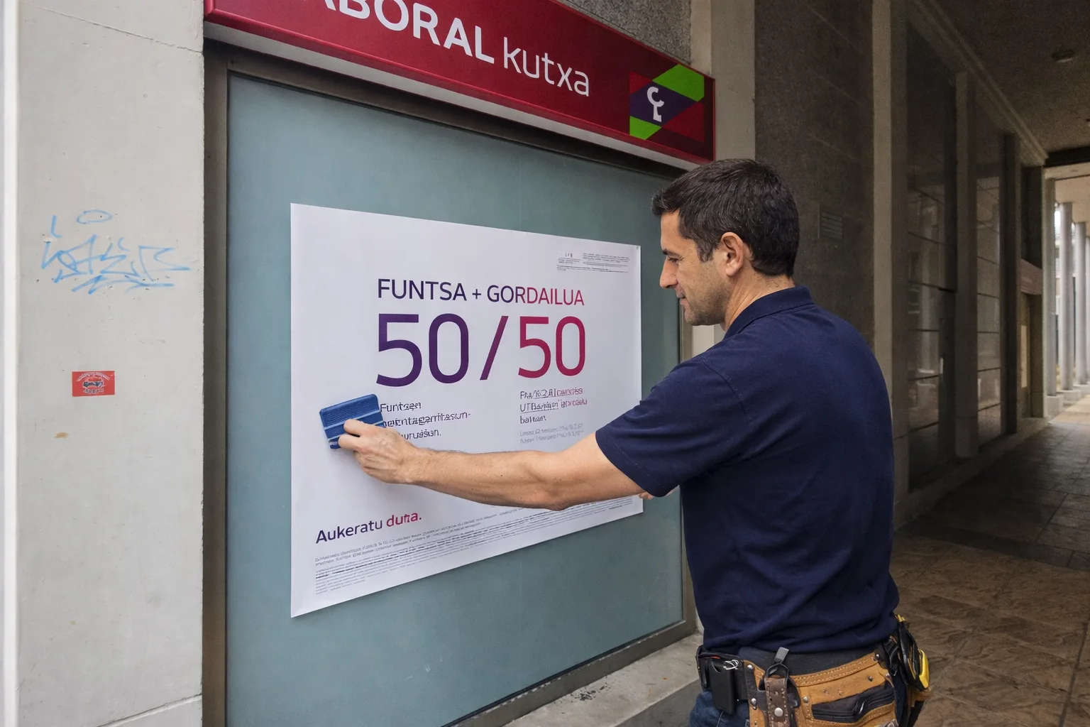 Instalador colocando un vinilo promocional 50/50 en el escaparate de una oficina bancaria