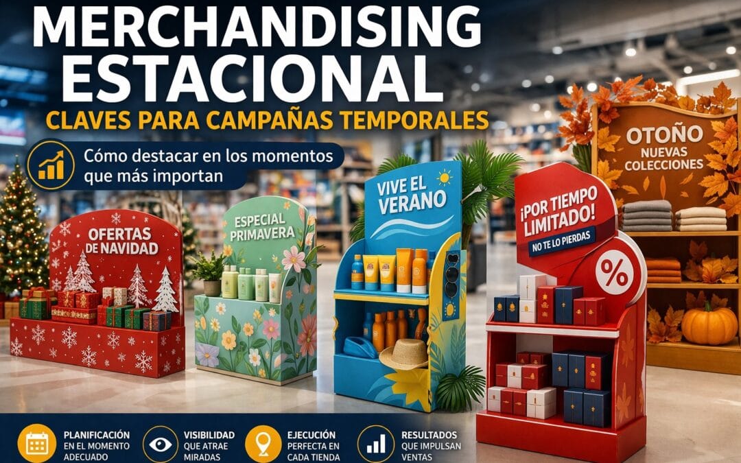 Merchandising estacional en punto de venta con expositores promocionales para campañas temporales