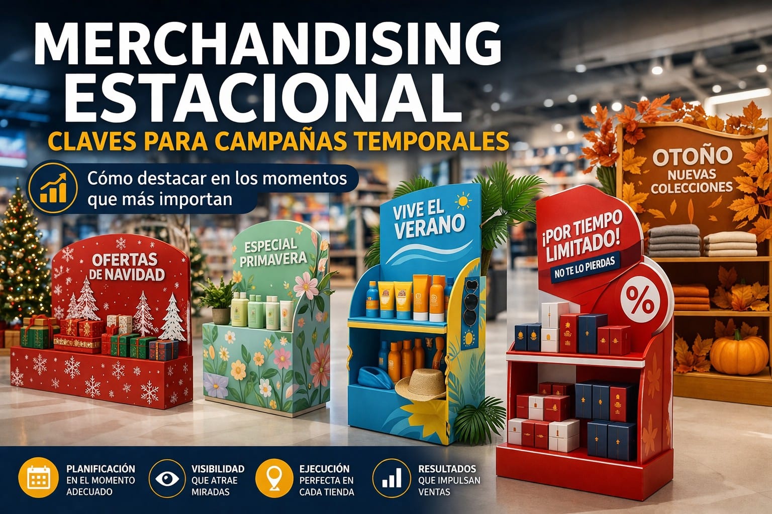 Merchandising estacional en punto de venta con expositores promocionales para campañas temporales